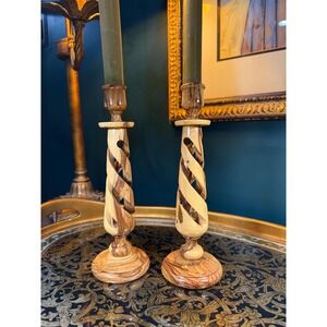Vintage Olive Wood Spiral Candlesticks, 9.5" Pair Hand Turned Taper Holders